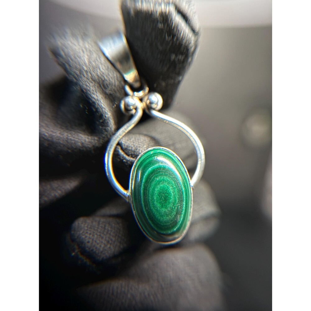 Sterling Silver Malachite Modernist Abstract Pendant Open Frame